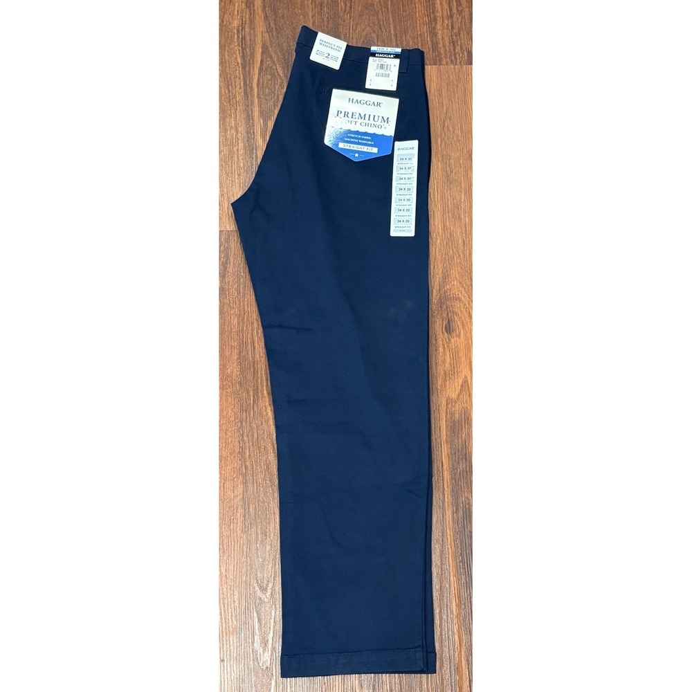 NEW Haggar Straight Fit Mens Pants 34W x 30L Waistband Navy Premium Soft Stretch - Picture 14 of 14